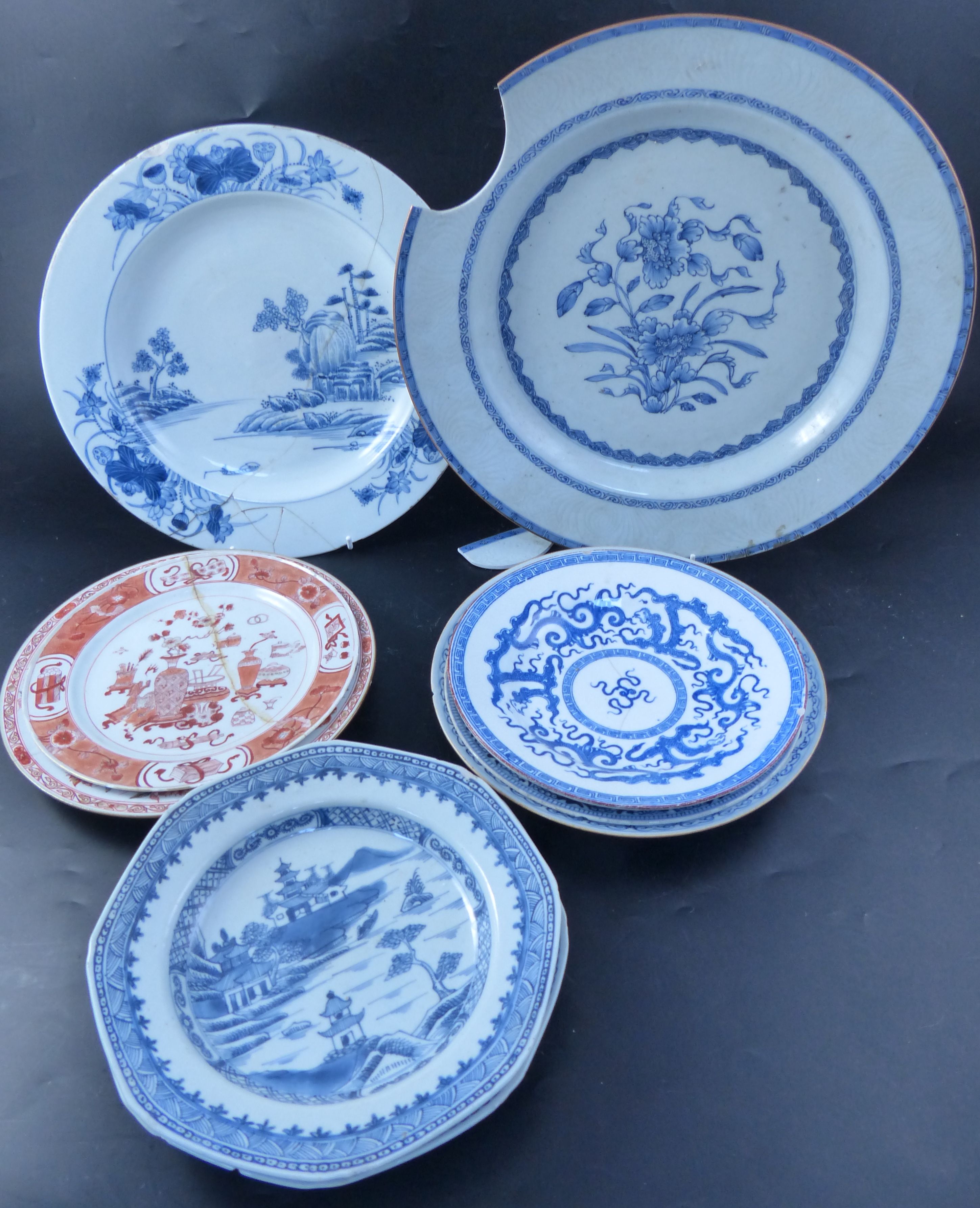 A group of eight assorted Qianlong plates and dishes, largest 39cm (a.f.)